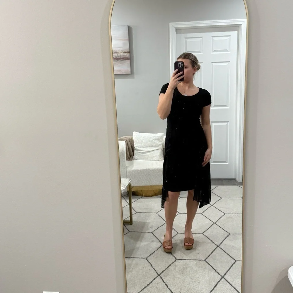 Peruvian Connection Dress Midi Bodycon Short Sleeve Mesh Overlay in Black